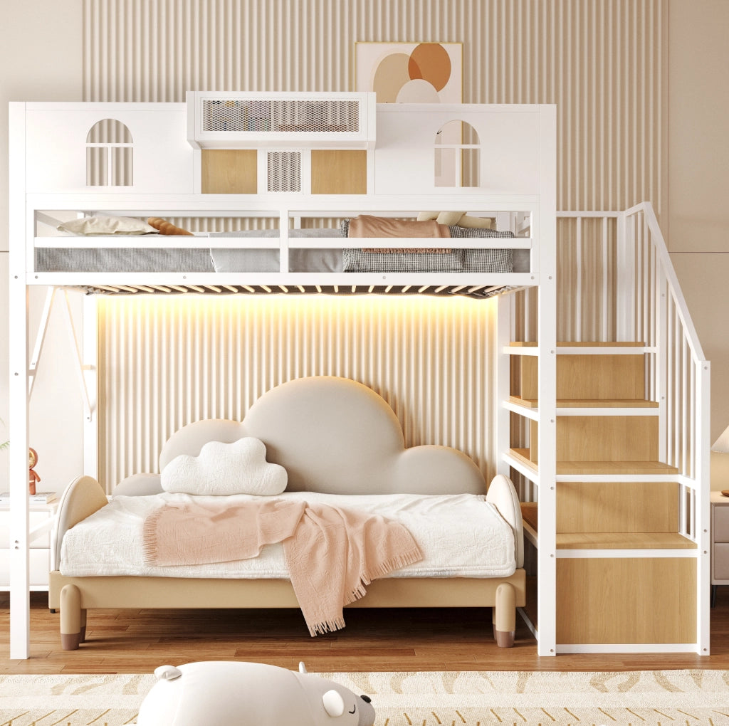 Letto a soppalco in metallo 90 x 200 cm con scala contenitore e barra luminosa; bianco