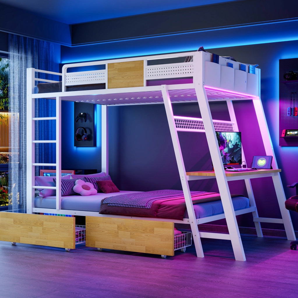 Letto a castello 90x200 cm con scrivania; LED e contenitori in metallo bianco