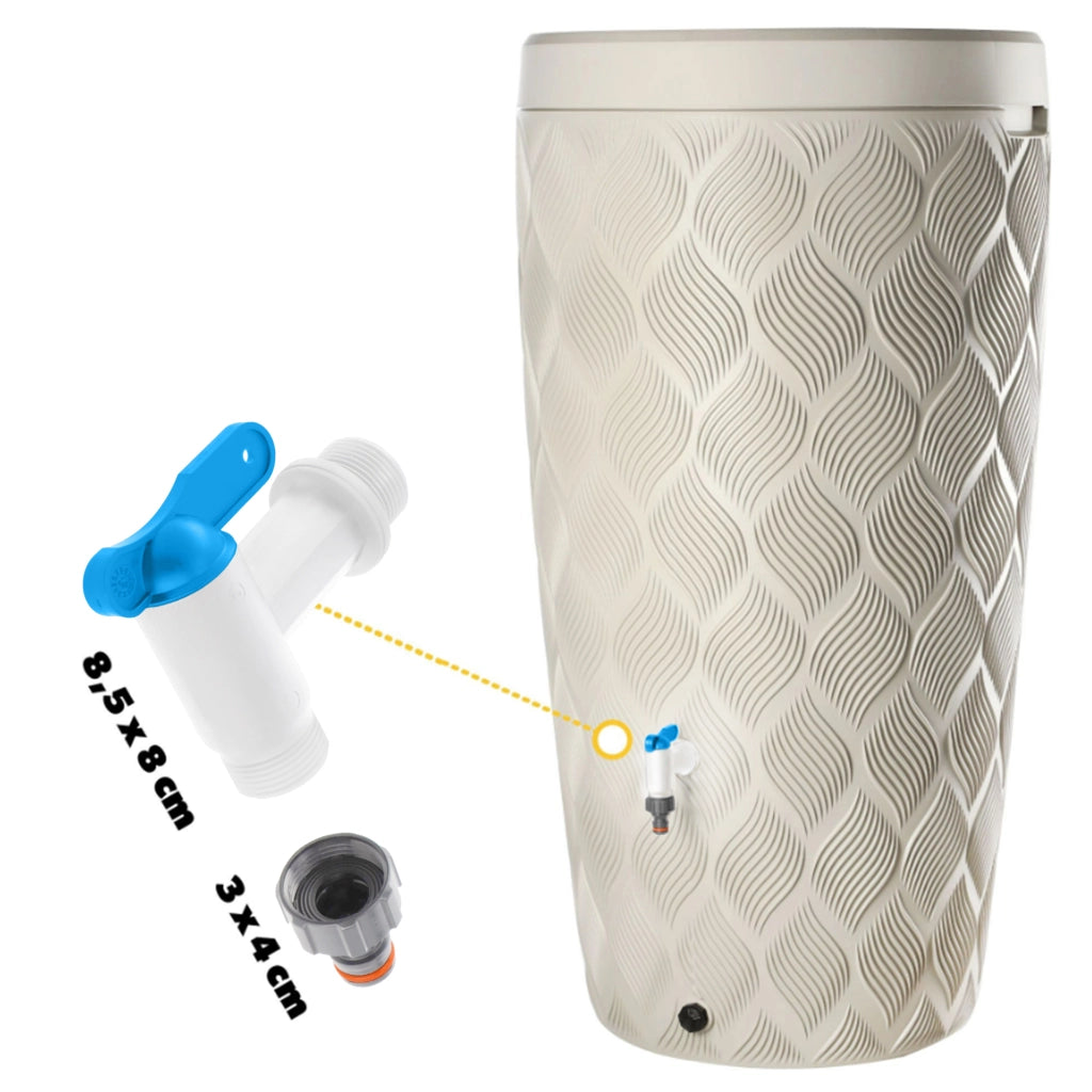 Rubinetto da giardino KADAX con valvola a nipplo da 3/4 per serbatoio dell'acqua piovana, tubo flessibile e cilindro.