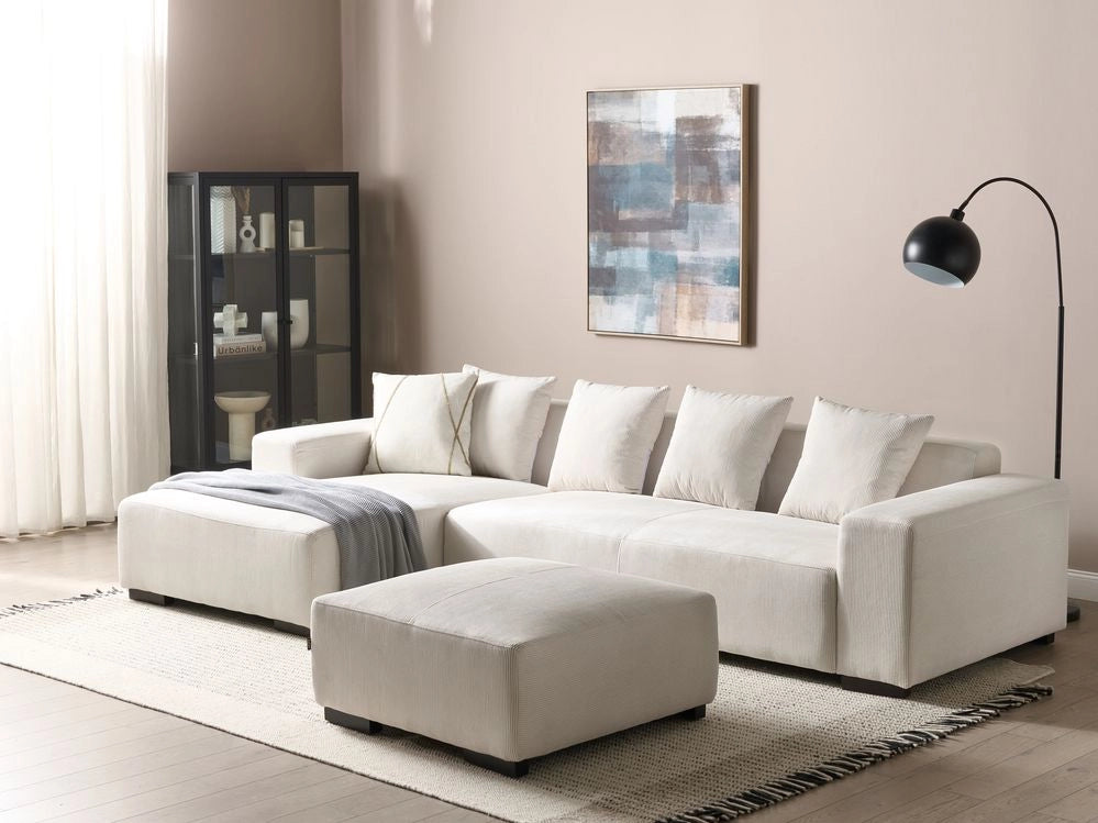 Divano angolare a L con cuscini 4 posti in velluto a coste bianco sporco con ottomana versione a destra stile elegante moderno