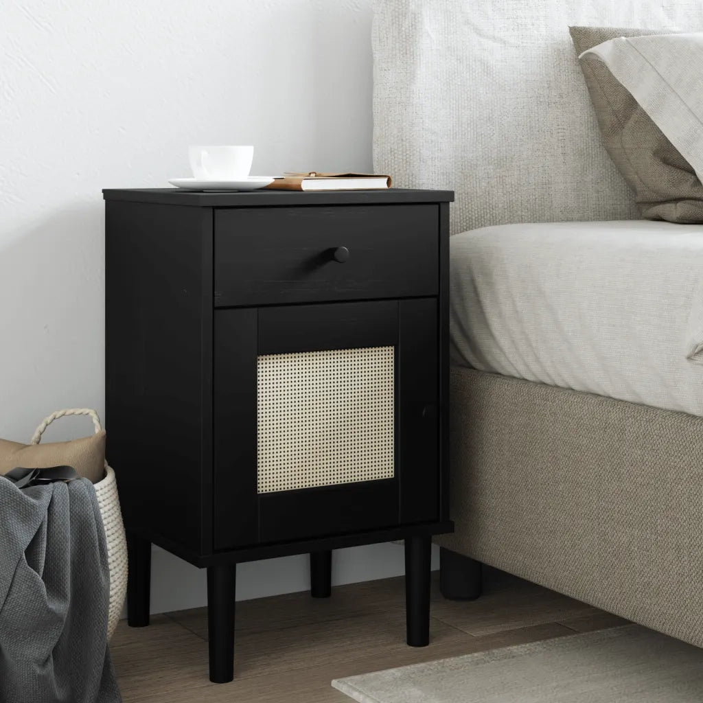 Comodino SENJA Aspetto Rattan Nero 40x35x65 cm in Legno Pinocod mxl 131940