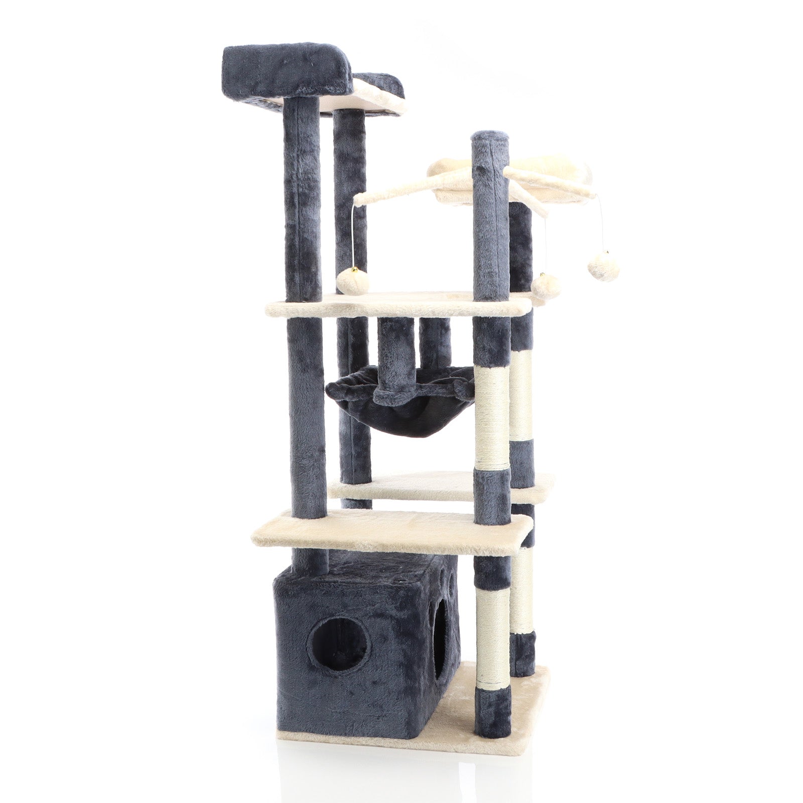 Fudajo Albero tiragraffi per gatti 134cm grigio scuro, con casetta e amaca