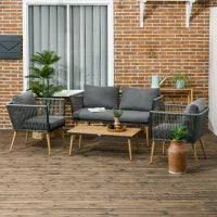 Set da Giardino in Rattan Sintetico da 4 Posti con 1 Divano, 2 Poltrone e 1 Tavolino, 7 Cuscini Inclusi, Grigio