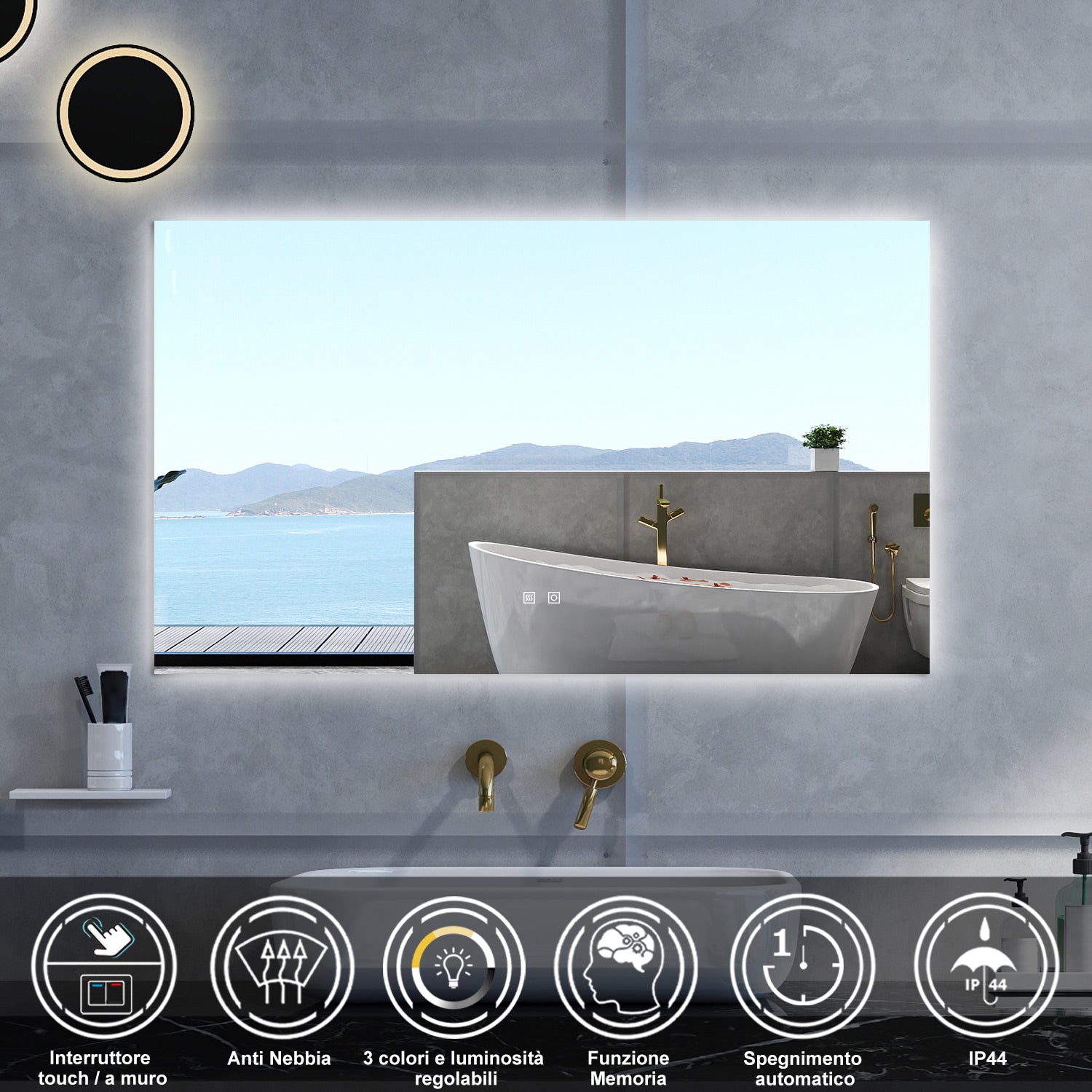Specchio da bagno Rettangolare con 100x60cm,3 colori,Memoria, Antifog,Regorabile,Retroilluminato,doppio interruttore,
