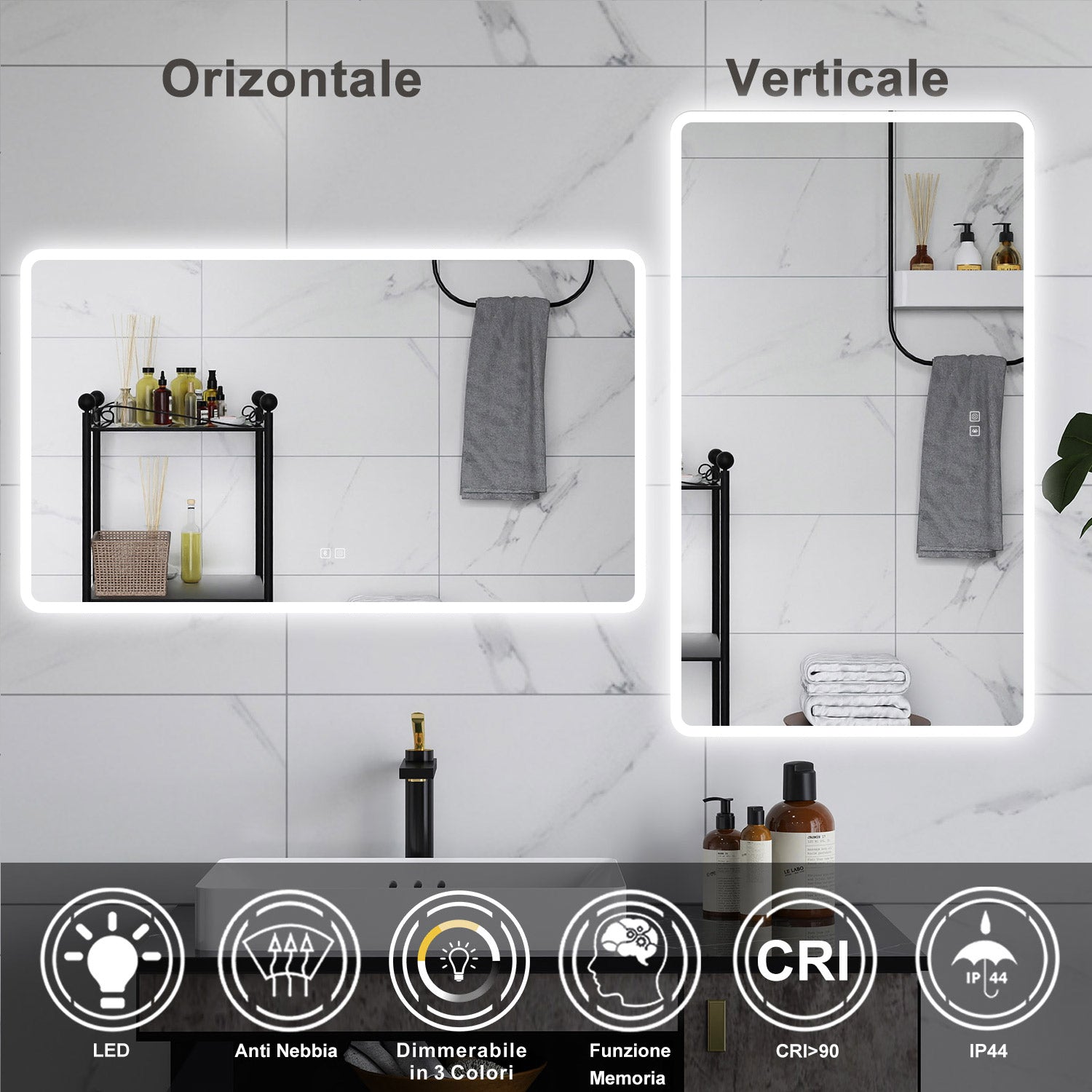 AICA Specchio da bagno  70 x 120 cm, dimmerabile, Blue tooth, Funzione Memoria, antiappannamento, 3 colori