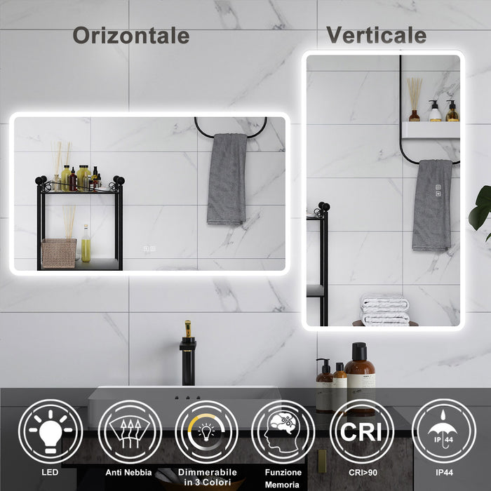 AICA Specchio da bagno  70 x 120 cm, dimmerabile, Blue tooth, Funzione Memoria, antiappannamento, 3 colori