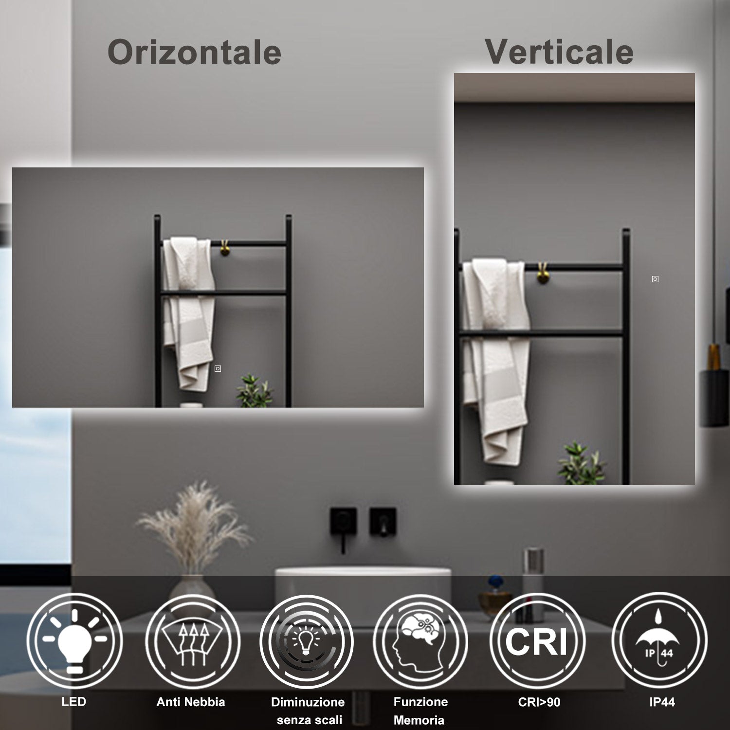 AICA Specchio da bagno 120 x 70 cm, antiappannamento, dimmerabile, interruttore touch, Funzione Memoria