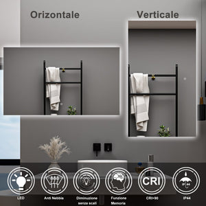 AICA Specchio da bagno 120 x 70 cm, antiappannamento, dimmerabile, interruttore touch, Funzione Memoria