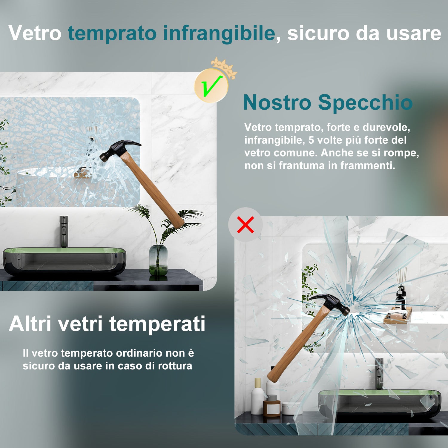 AICA Specchio da bagno 100 x 60 cm, Regorabile, interruttore touch, Funzione Memoria