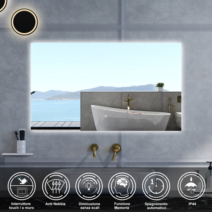 Specchio da bagno Rettangolare con 100x60cm,Memoria, Antifog,Regorabile,Retroilluminato,doppio interruttore,