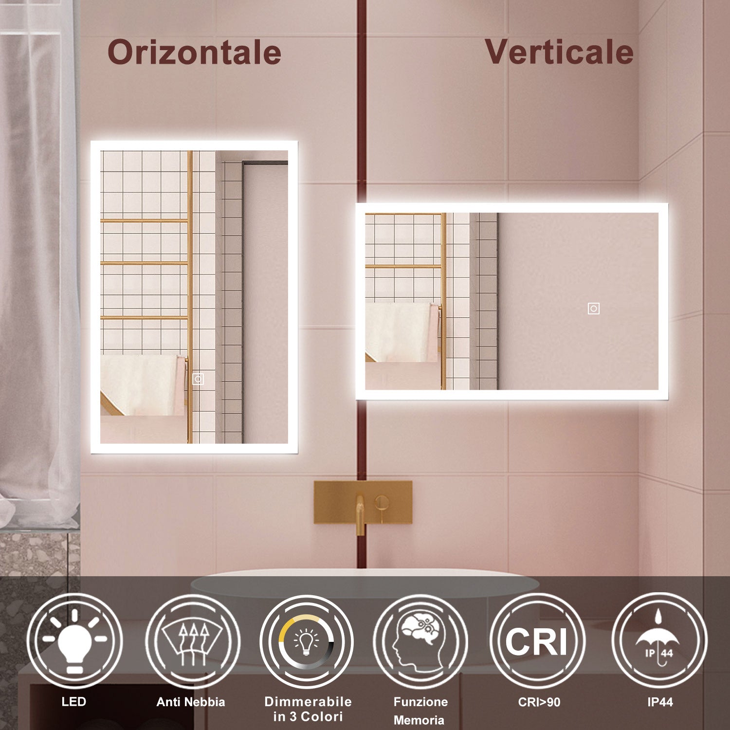 AICA Specchio da bagno  50 x 70 cm, dimmerabile, Funzione Memoria, antiappannamento, 3 colori