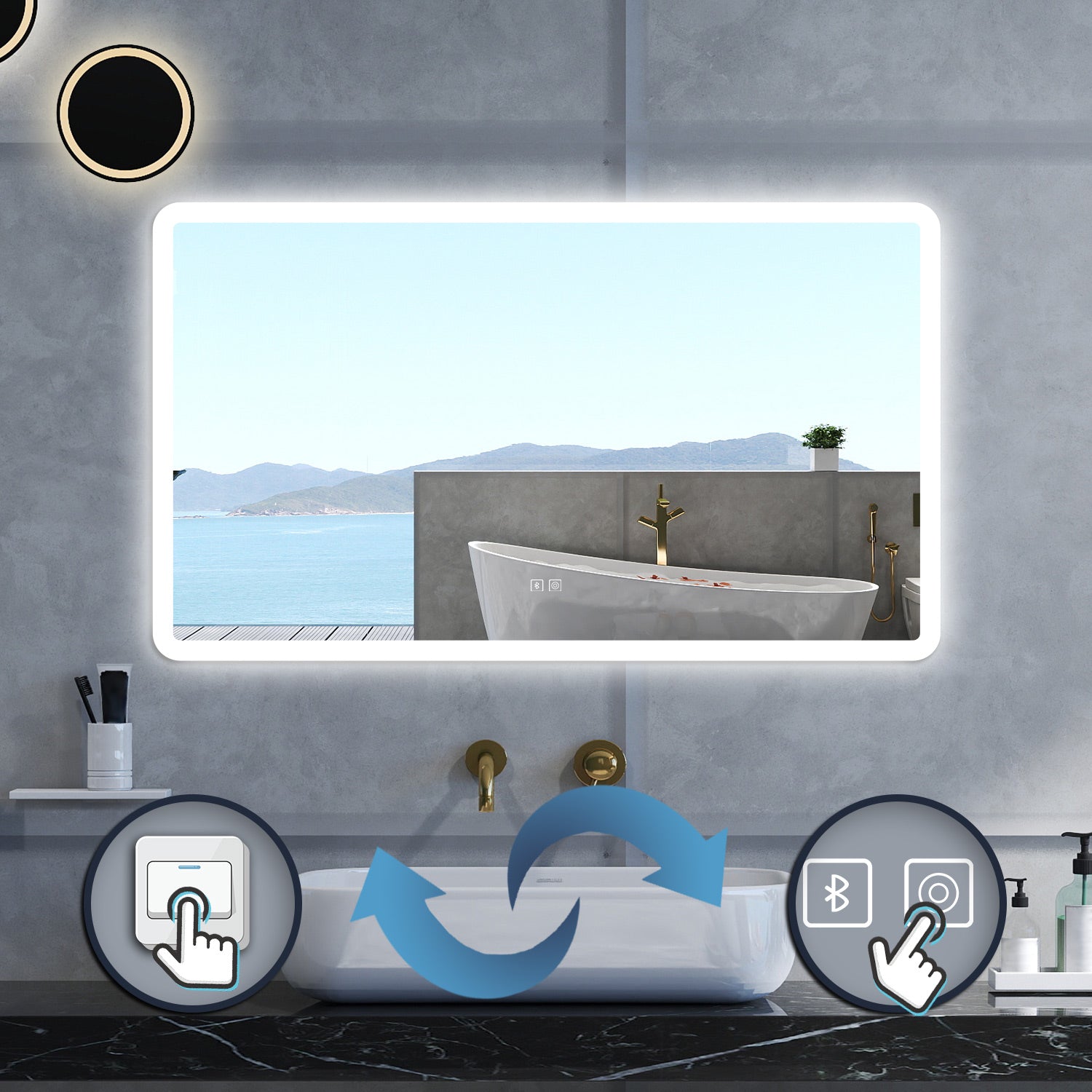 Specchio da bagno Rettangolare con 120x70cm,Blue tooth,3 colori,Memoria, Antifog,Regorabile,Retroilluminato,doppio interruttore,