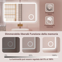 AICA Specchio da bagno  100 x 60 cm, dimmerabile, Blue tooth, Funzione Memoria, antiappannamento, 3 colori, Magnificatore