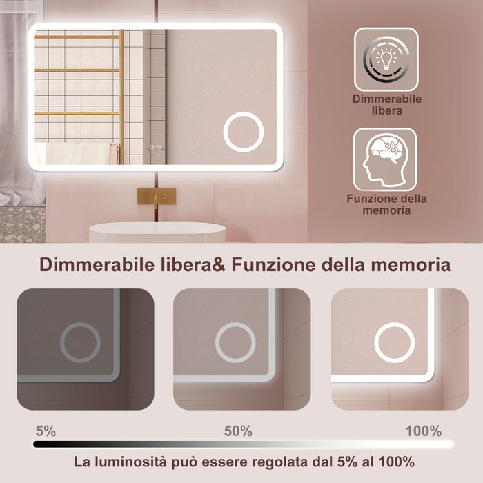 AICA Specchio da bagno  100 x 60 cm, dimmerabile, Blue tooth, Funzione Memoria, antiappannamento, 3 colori, Magnificatore
