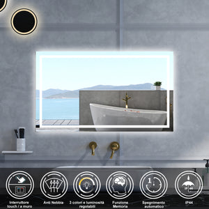 Specchio da bagno Rettangolare con 70x50cm,3 colori,Memoria, Antifog,Regorabile,Retroilluminato,doppio interruttore,