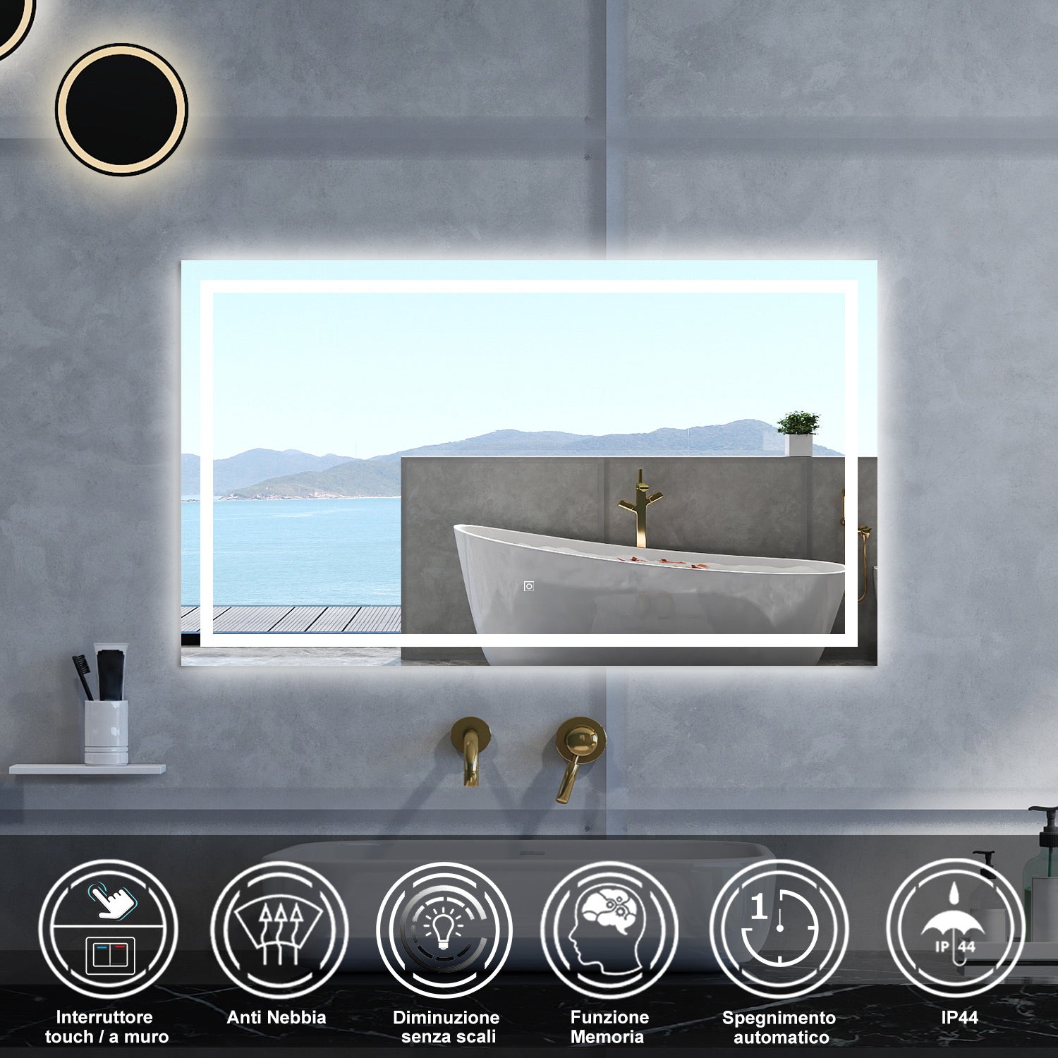 Specchio da bagno Rettangolare con 120x80cm,Memoria, Antifog,Regorabile,Retroilluminato,doppio interruttore,