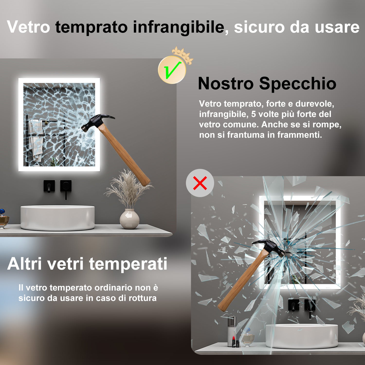 AICA Specchio da bagno  50 x 70 cm, dimmerabile, Funzione Memoria, antiappannamento, 3 colori