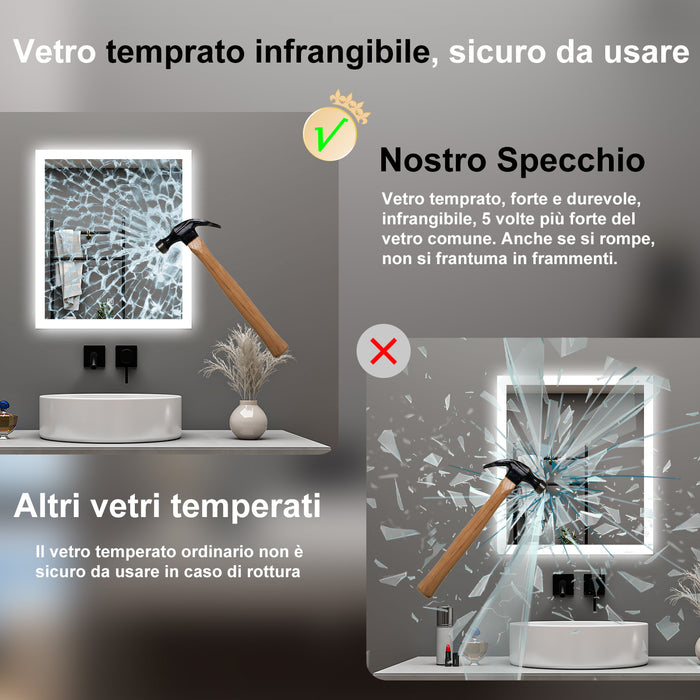 AICA Specchio da bagno  50 x 70 cm, dimmerabile, Funzione Memoria, antiappannamento, 3 colori