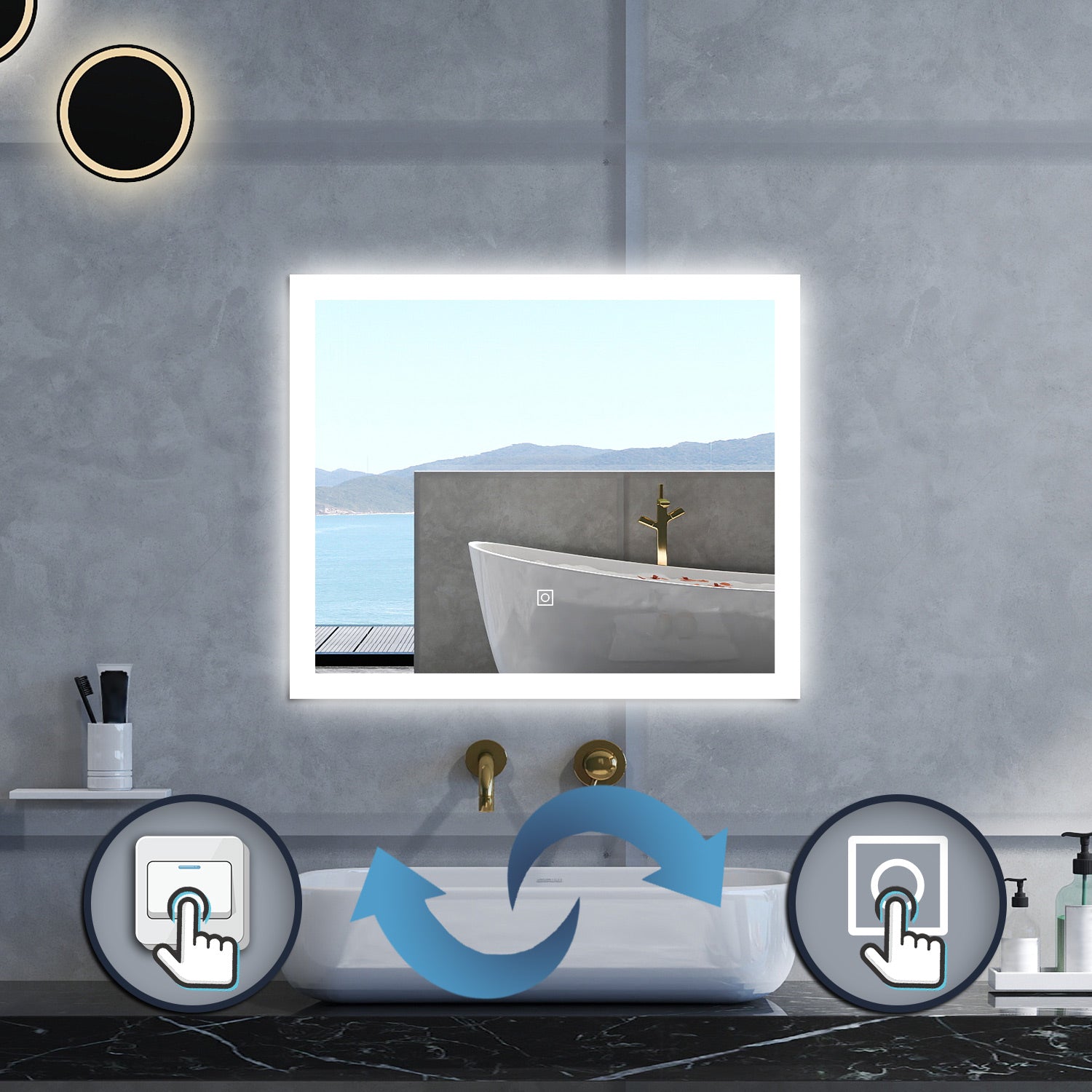 Specchio da bagno Rettangolare con 80x60cm,3 colori,Memoria, Antifog,Regorabile,Retroilluminato,doppio interruttore,