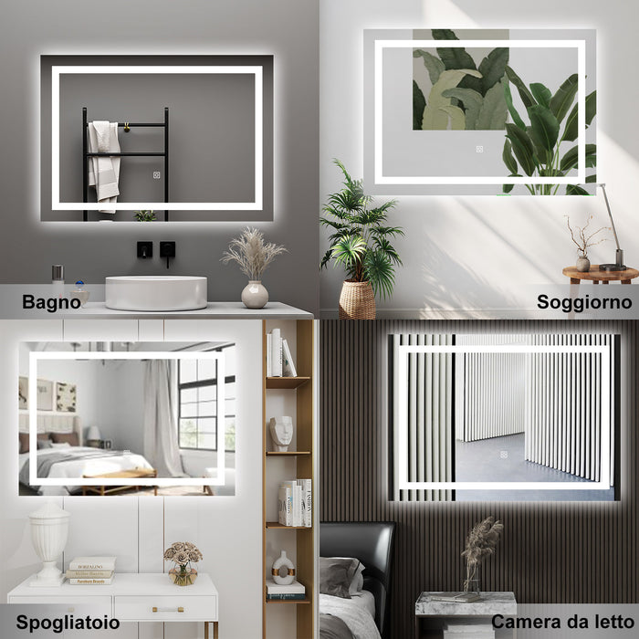 AICA Specchio da bagno  80 x 150 cm, dimmerabile, interruttore touch, Funzione Memoria, antiappannamento, 3 colori