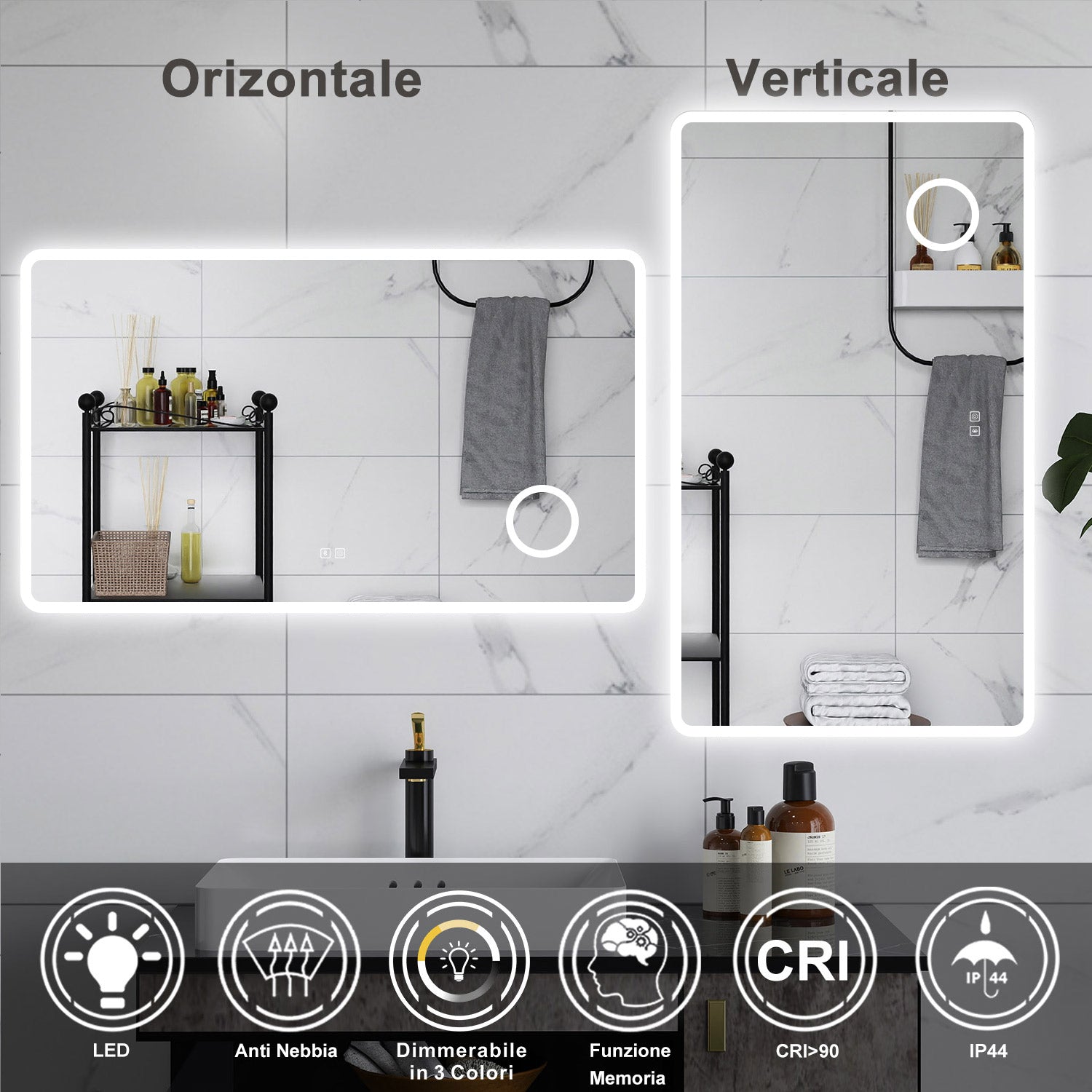 AICA Specchio da bagno  100 x 60 cm, dimmerabile, Blue tooth, Funzione Memoria, antiappannamento, 3 colori, Magnificatore