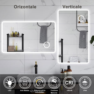 AICA Specchio da bagno  100 x 60 cm, dimmerabile, Blue tooth, Funzione Memoria, antiappannamento, 3 colori, Magnificatore