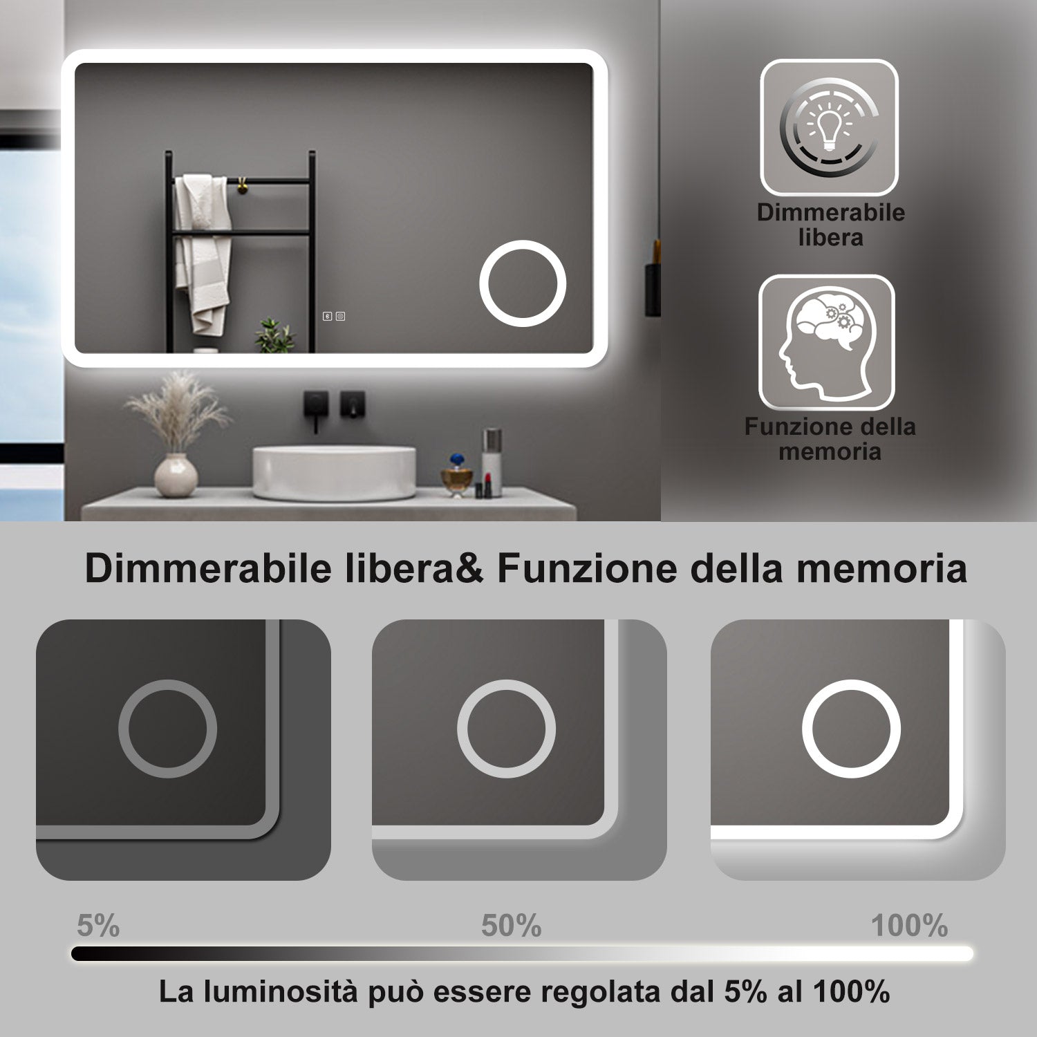 AICA Specchio da bagno  100 x 60 cm, dimmerabile, Blue tooth, Funzione Memoria, antiappannamento, 3 colori, Magnificatore