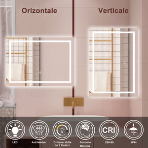 AICA Specchio da bagno  80 x 120 cm, dimmerabile, interruttore touch, Funzione Memoria, antiappannamento, 3 colori