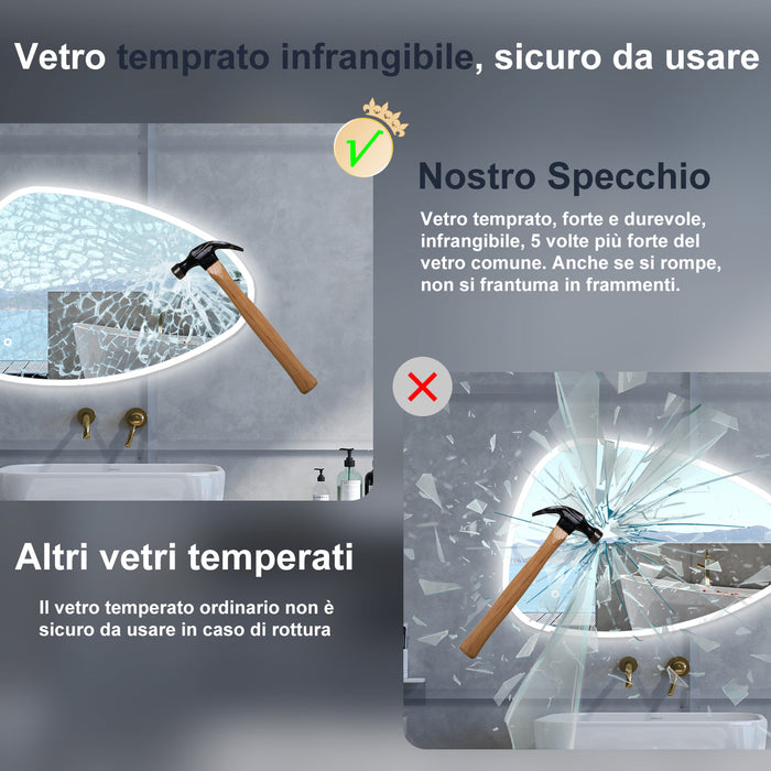 Specchio da bagno Asimmetrico con 120x80cm,3 colori,Memoria, Antifog,Regorabile,Retroilluminato,doppio interruttore,