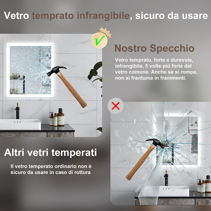 AICA Specchio da bagno  50 x 70 cm, dimmerabile, Funzione Memoria, antiappannamento, 3 colori