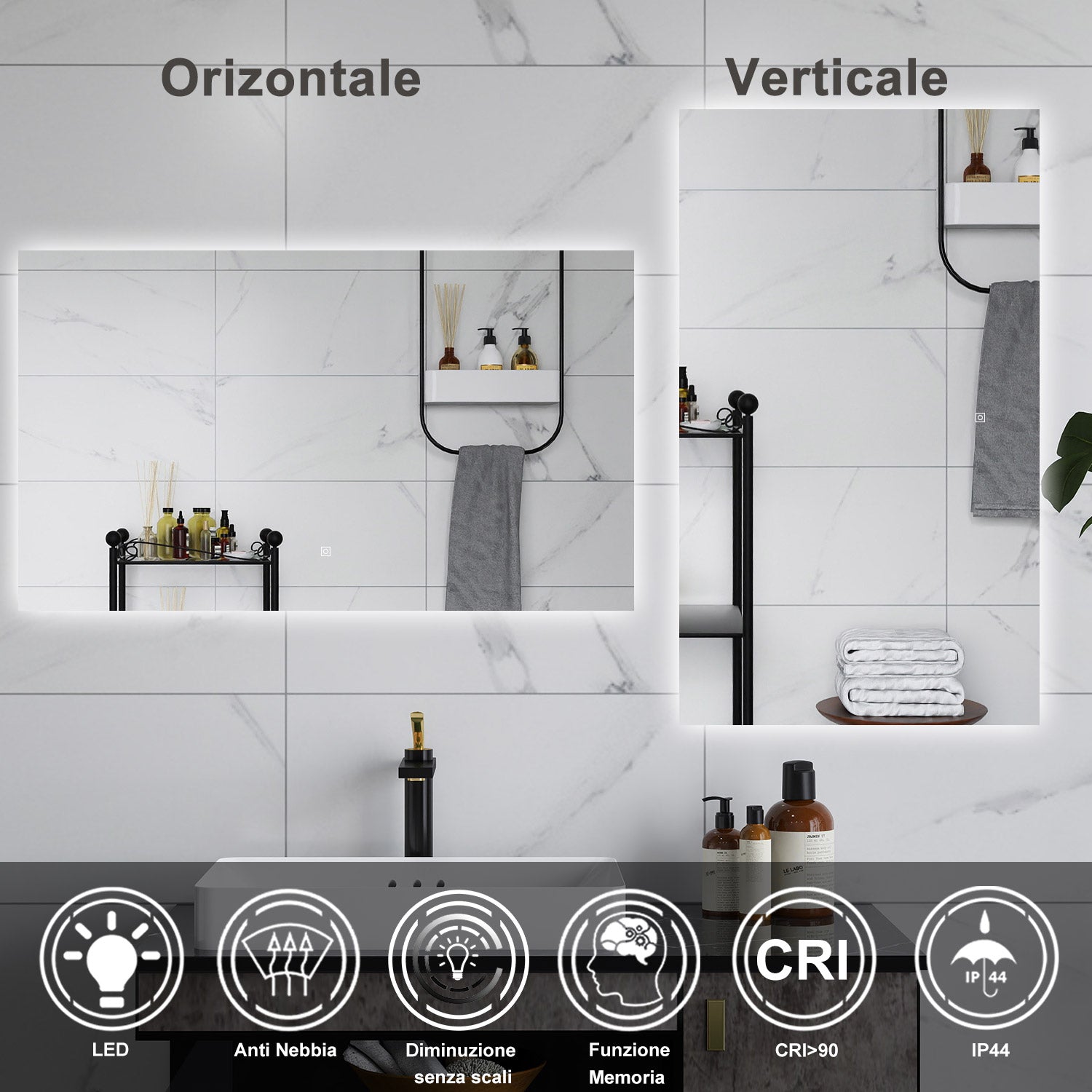 AICA Specchio da bagno 120 x 70 cm, antiappannamento, dimmerabile, interruttore touch, Funzione Memoria