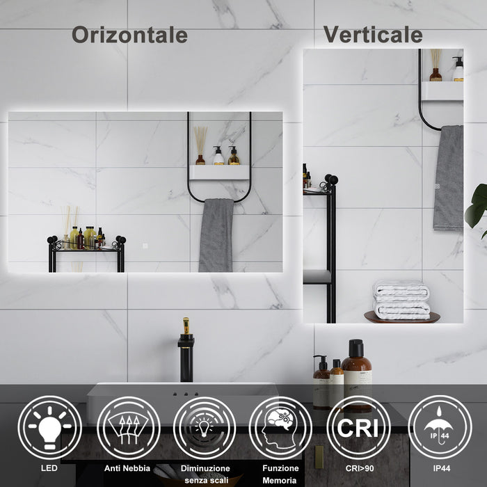 AICA Specchio da bagno 120 x 70 cm, antiappannamento, dimmerabile, interruttore touch, Funzione Memoria