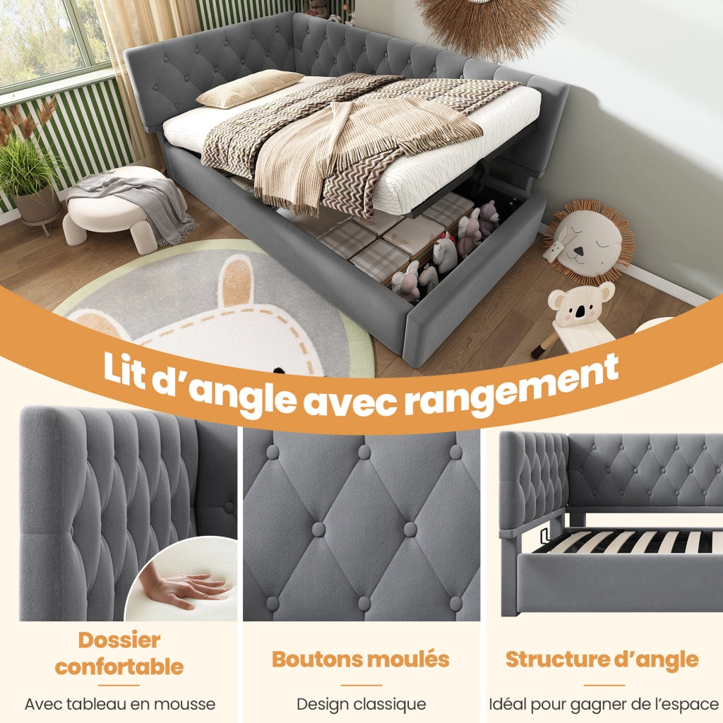 Letto contenitore singolo 90×200 cm con testiera reversibile e rete; senza materasso; velluto; grigio
