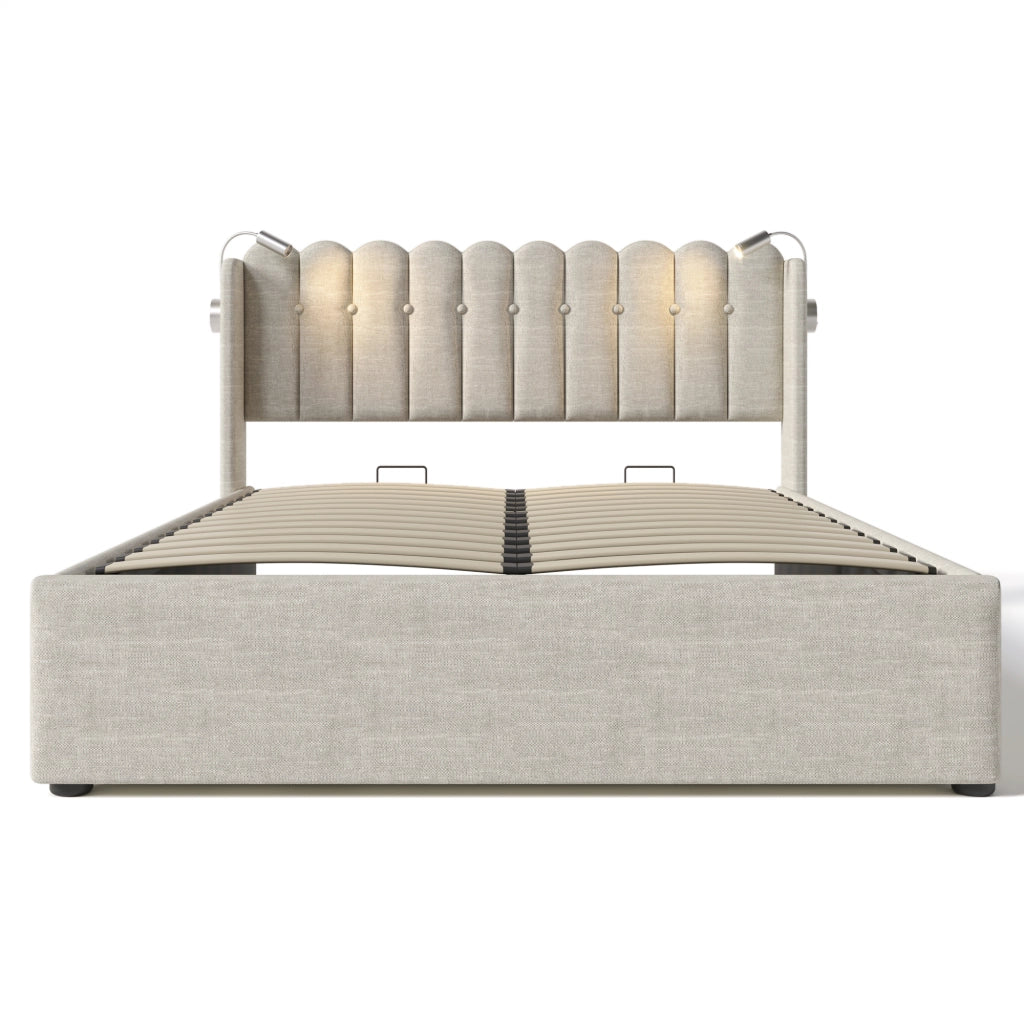 Letto Contenitore 160 x 200 cm; Letto Matrimoniale con USB; Luce da Lettura e Vano; senza Materasso; Naturale