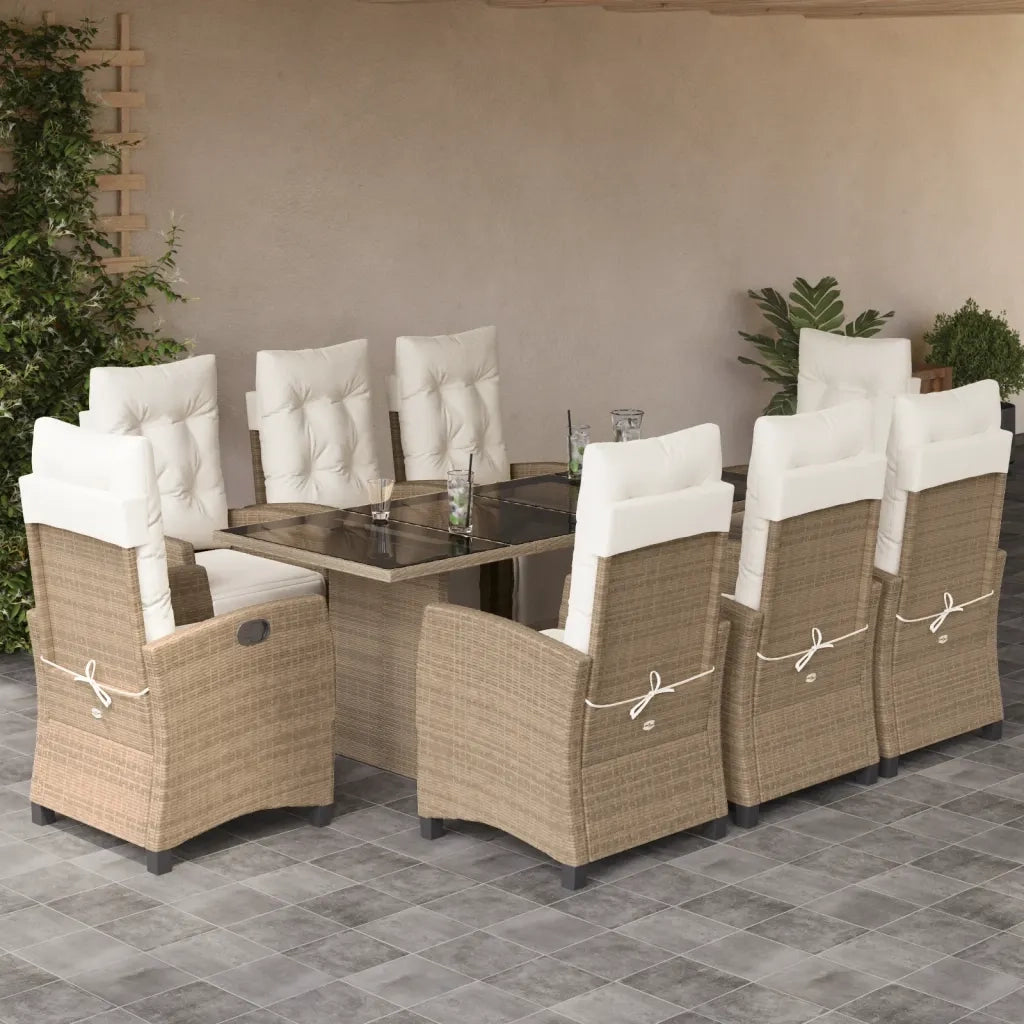 Set da Pranzo da Giardino 9 pz con Cuscini Beige in Polyrattan