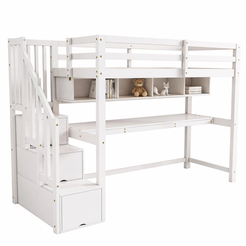 Letto a soppalco per bambini 90x200 cm con scrivania; scala contenitore e ripiani bianco