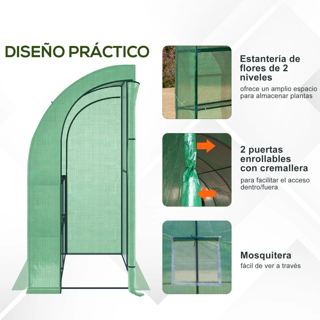 Serra da Giardino per Esterno ¨C Xylo ¨C Acciaio Verde con Finestre e Scaffali 200x100x215cm
