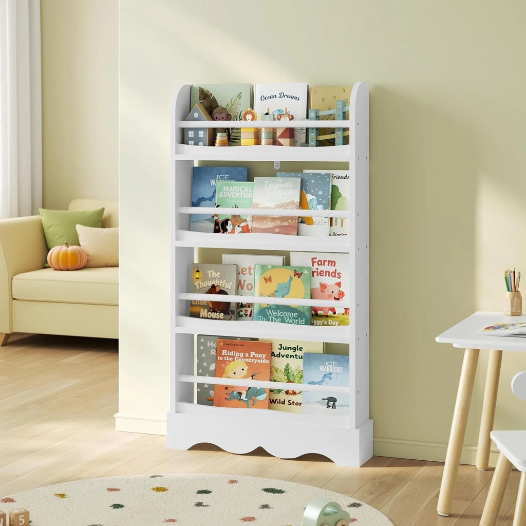 Libreria Montessoriana per Bambini, Scaffale Porta Libri Salvaspazio a 4 Ripiani, Piccola Libreria a Muro in Legno, per Cameretta, Stanza dei Giochi, 60x12x108cm