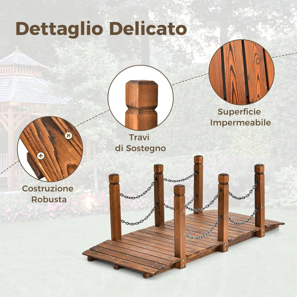 Ponte da Giardino in Legno, Ponte Decorativo con Finitura Tinta e Catena di Sicurezza, Ponte ad Arco in Legno per Giardino, Patio, Cortile e Fattoria, Carico 80 kg