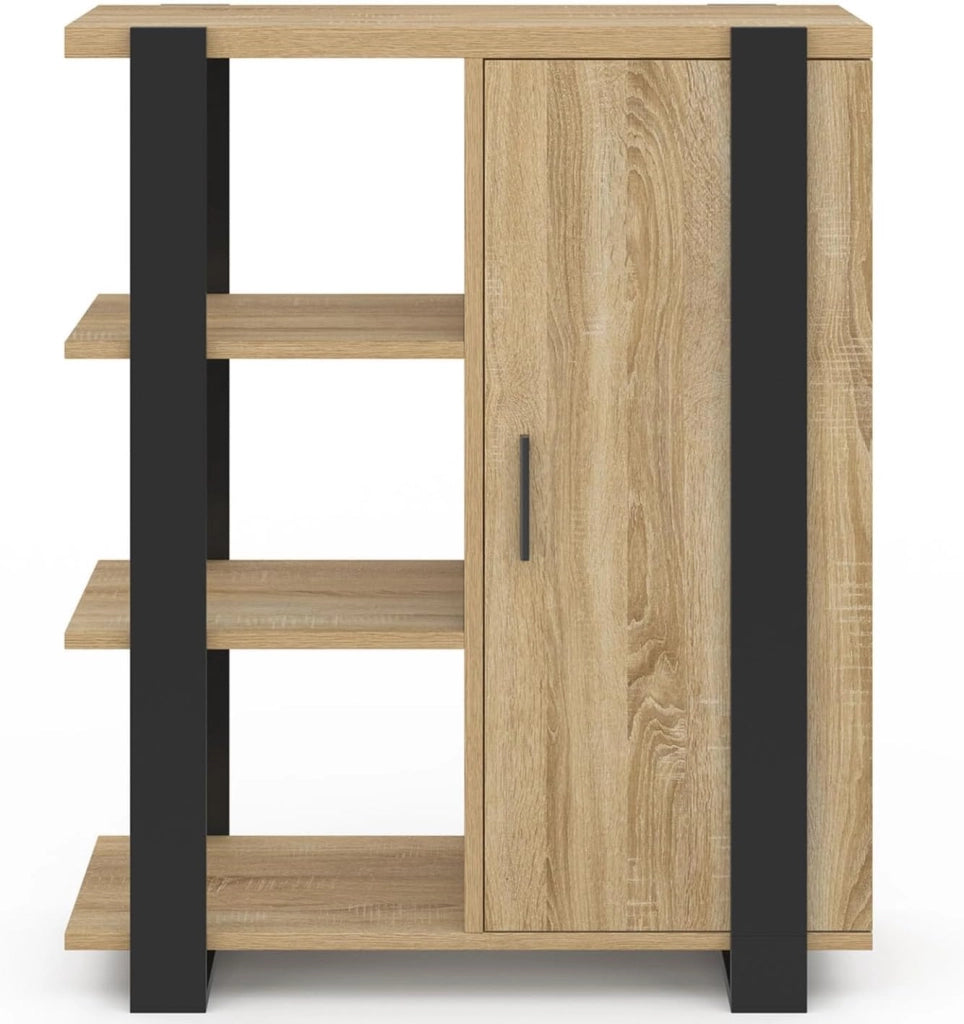 Credenza PHOENIX a 3 ripiani con armadio, 70 cm, legno e nero