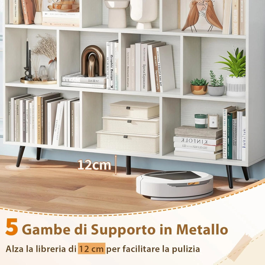 Libreria a 10 Cubi, Organizzatore di Stoccaggio Moderno con 5 Gambe di Metallo, Scaffale per Esposizione con 2 Kit Anti-Ribaltamento per Soggiorno Studio Camera da Letto, Bianco (140x24x107cm)