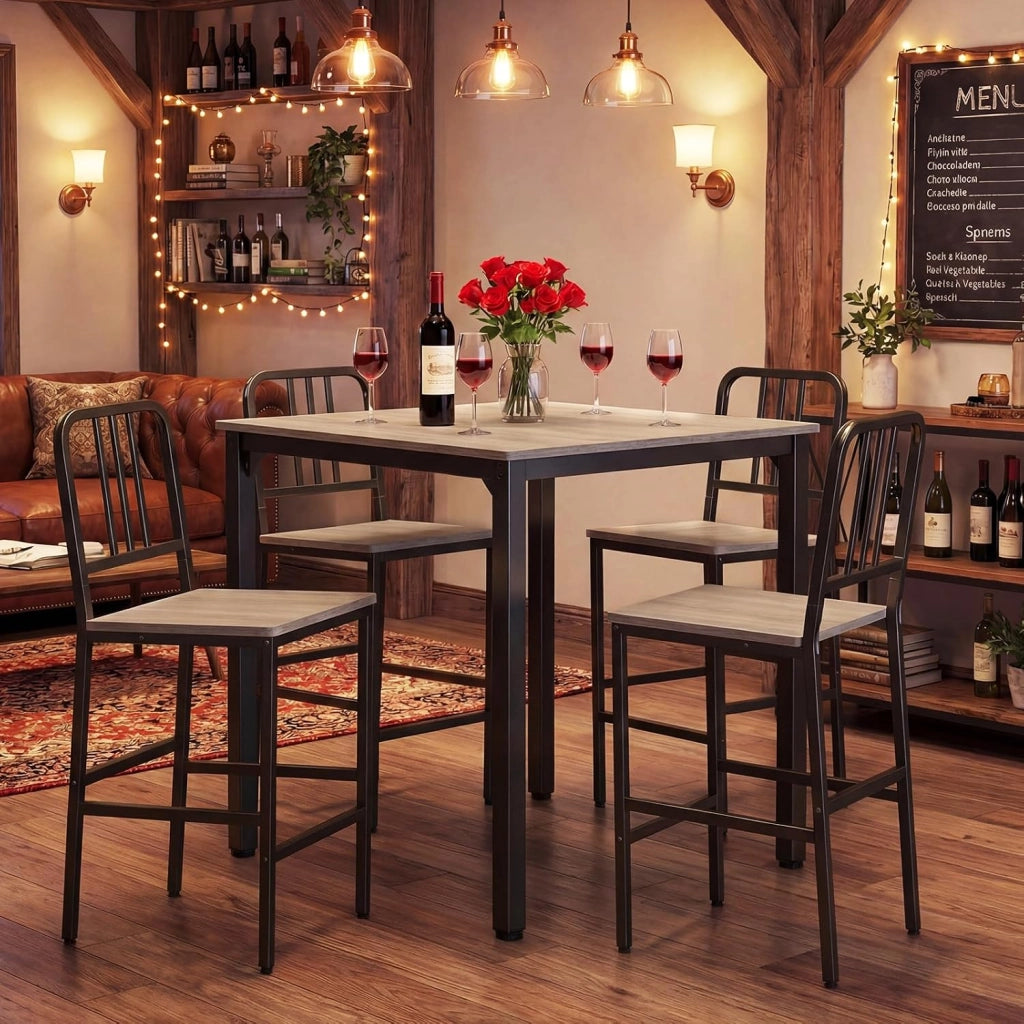 Set da Pranzo per 4 Persone, Set Cucina Bar 5 Pezzi con Superficie in Finto Marmo, Tavolo Quadrato in Legno e 4 Sgabelli Alti per Angolo Colazione e Sala da Pranzo (Grigio)