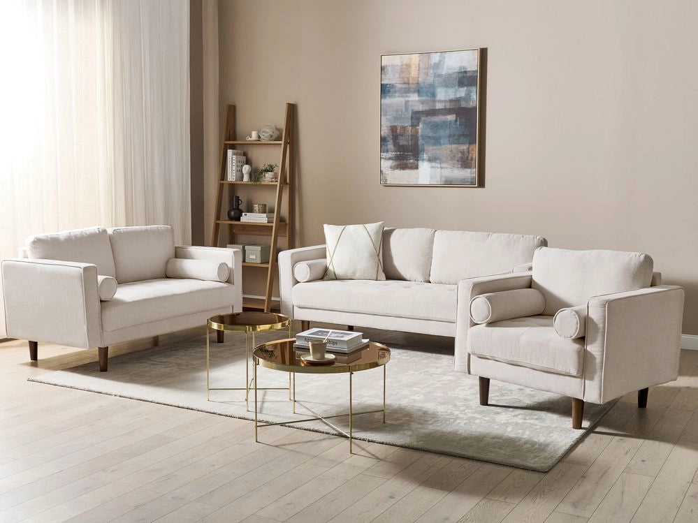 Set di divani retrò a 6 posti imbottiti in tessuto beige con schienale imbottito e spesso stile retrò soggiorno