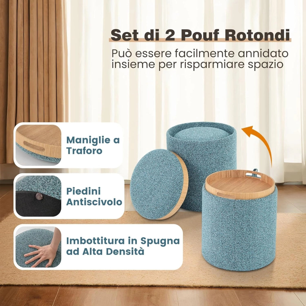 Set di 2 Pouf Contenitore, Pouf Rotondi Imbottiti da 41L+25L, con Vassoio Reversibile, Sgabello Contenitore Multifunzionale per Soggiorno, Camera da Letto, Portata 160 kg