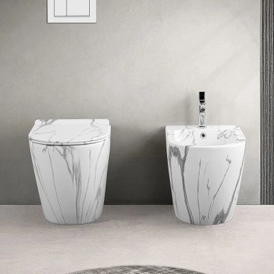 Sanitari filomuro Rimless effetto marmo bianco con sedile Tokyo
