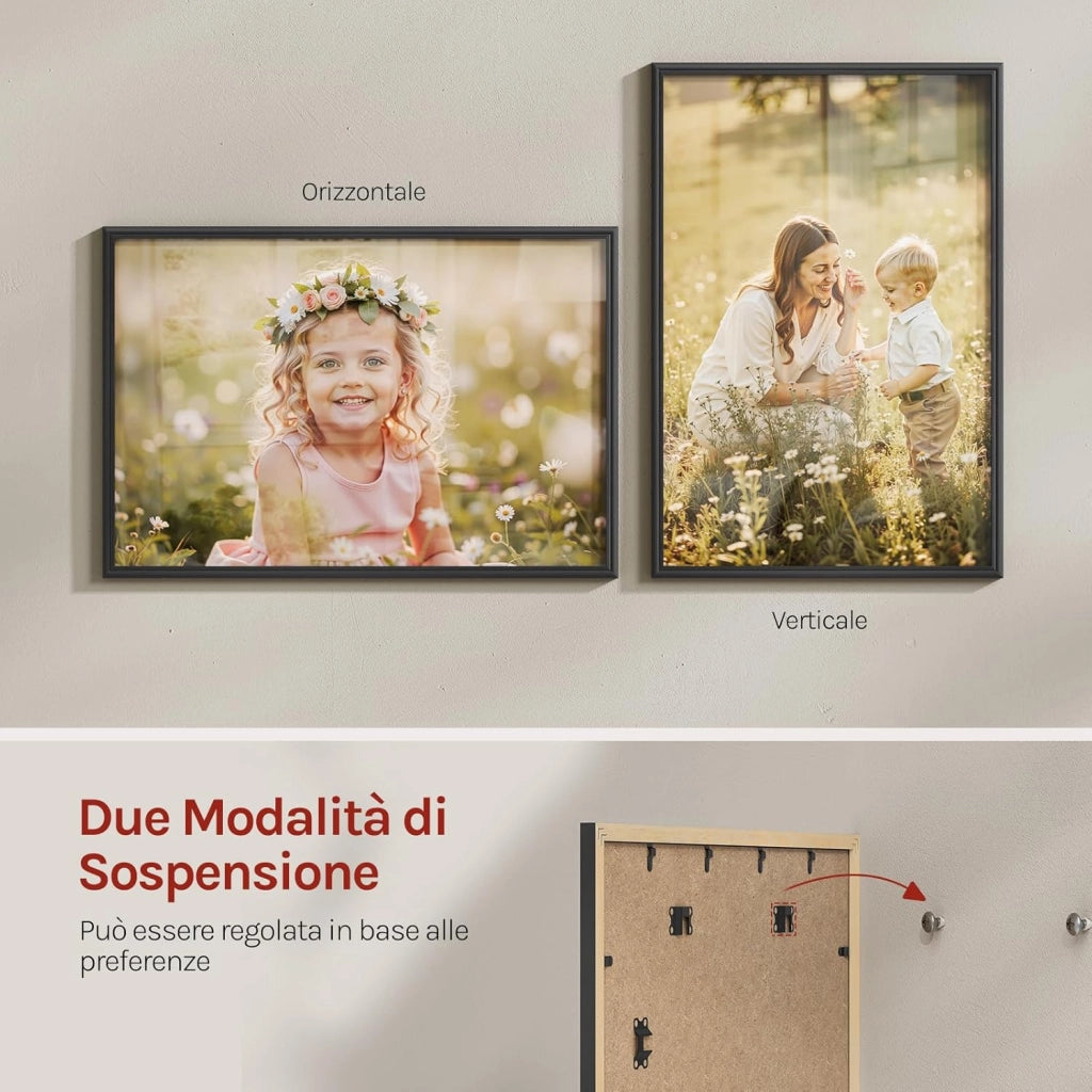 Set di 3 Cornici Foto 50x70 cm con Passepartout, Portafoto da Parete e Tavolo, Verticale o Orizzontale, in Legno Massiccio, Nero
