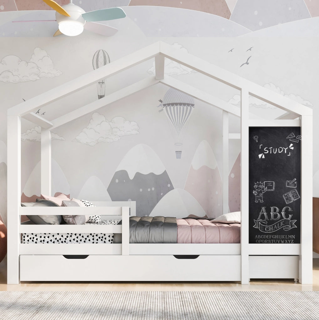 Letto a casetta per bambini 90x200 cm con lavagna e cassetti