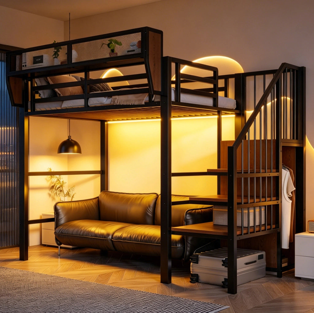Letto a soppalco in metallo con LED; scala e ripiano regolabile; 90 x 200 cm; nero