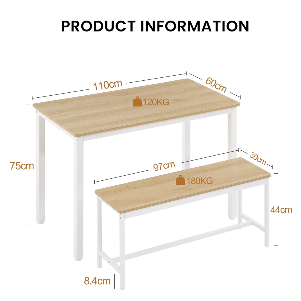 Set tavolo da pranzo con 2 panche 110x60 cm naturale e bianco