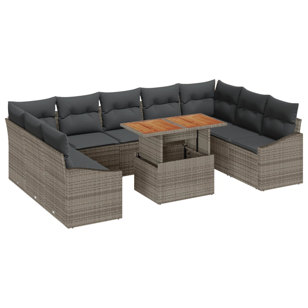 Set da Pranzo da Giardino da 10 Pezzi con Cuscini Grigio Poly Rattan Acacia